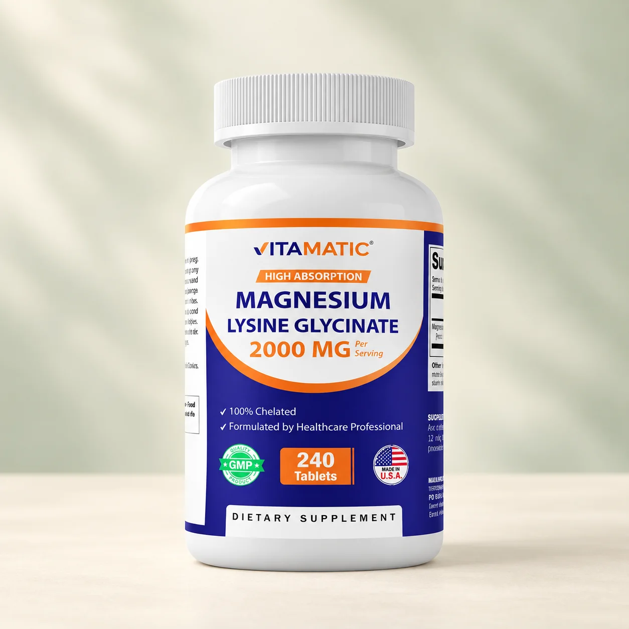 Хелатен магнезий за мускулна функция – Vitamatic лизинат-глицинат, 240 таблетки