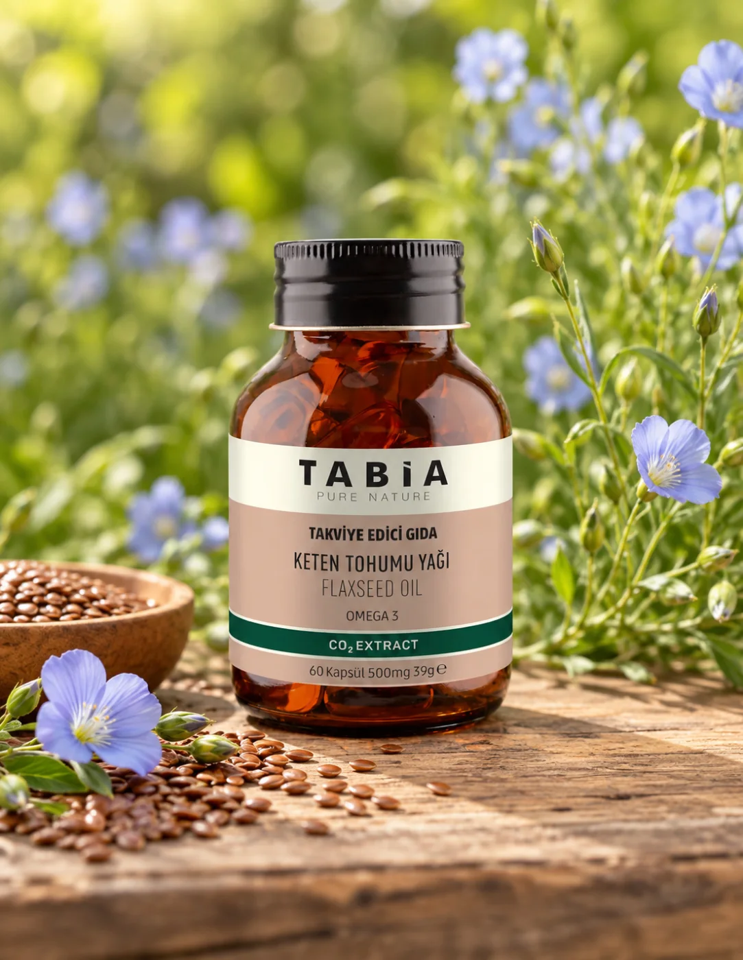 Ленено масло с растителни омега мастни киселини Tabia, 500 mg, 60 капсули