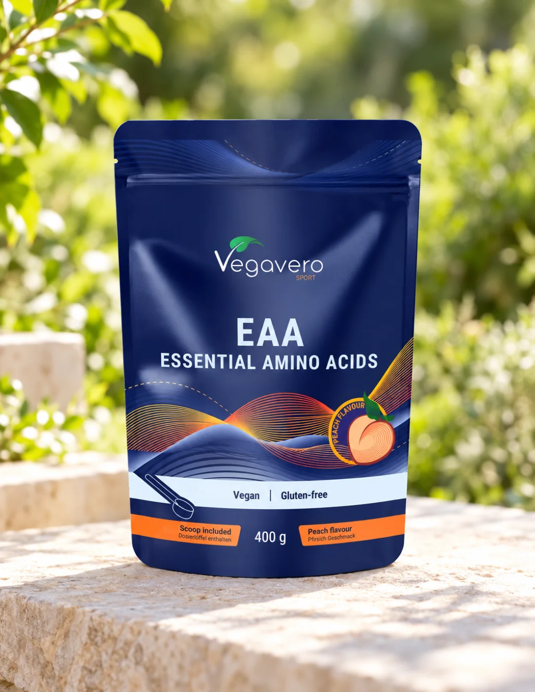 Есенциални аминокиселини за мускулите Vegavero, праскова, 400 g прах