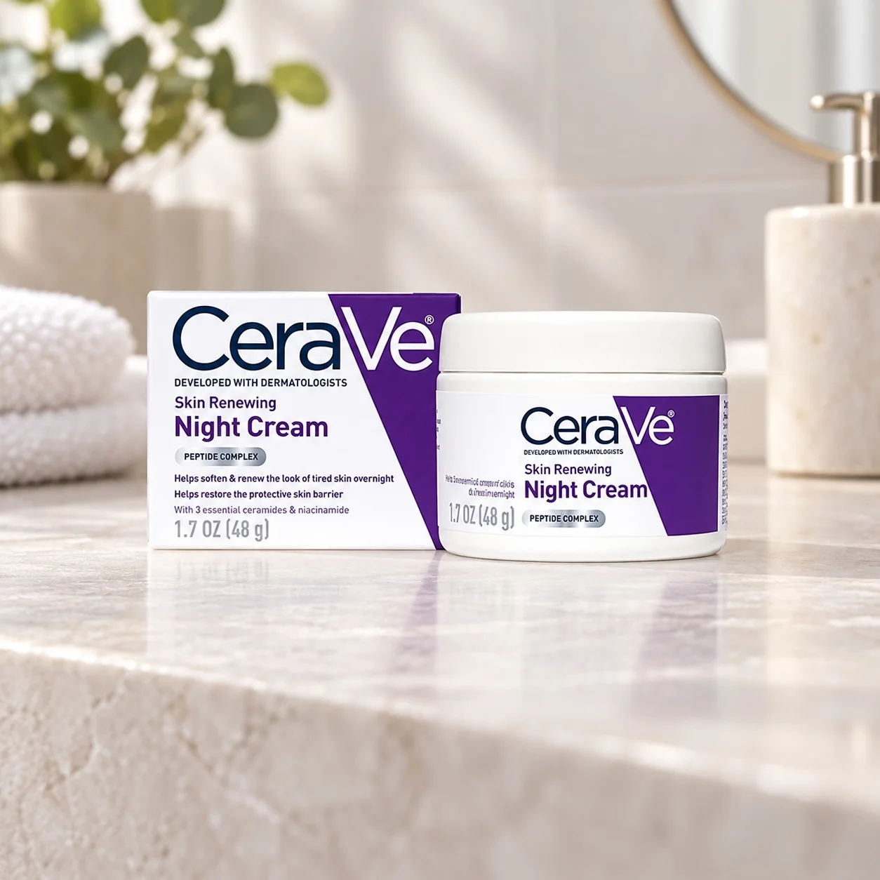 Нощен крем за кожната бариера CeraVe, с пептиди, 48 г
