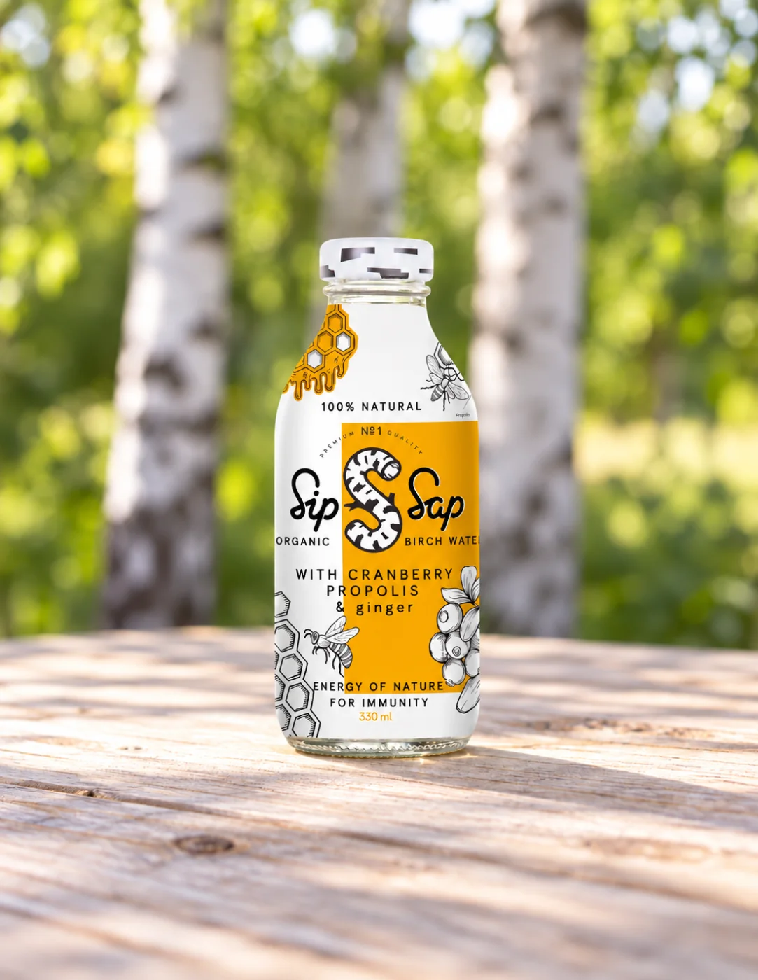 Био брезова напитка с боровинка, прополис и джинджифил Sip Sap, 330 ml